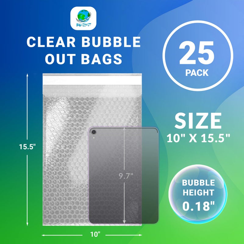 Amiff Shipping Bubble Bag, 10 x 15.5 Inches. 25 Pack Clear Bags for Packaging. Self Seal Bubble Pouches for Packing. Waterproof Polyethylene Storage Moving Bags. Packing Materials for Fragile Items - Image 2